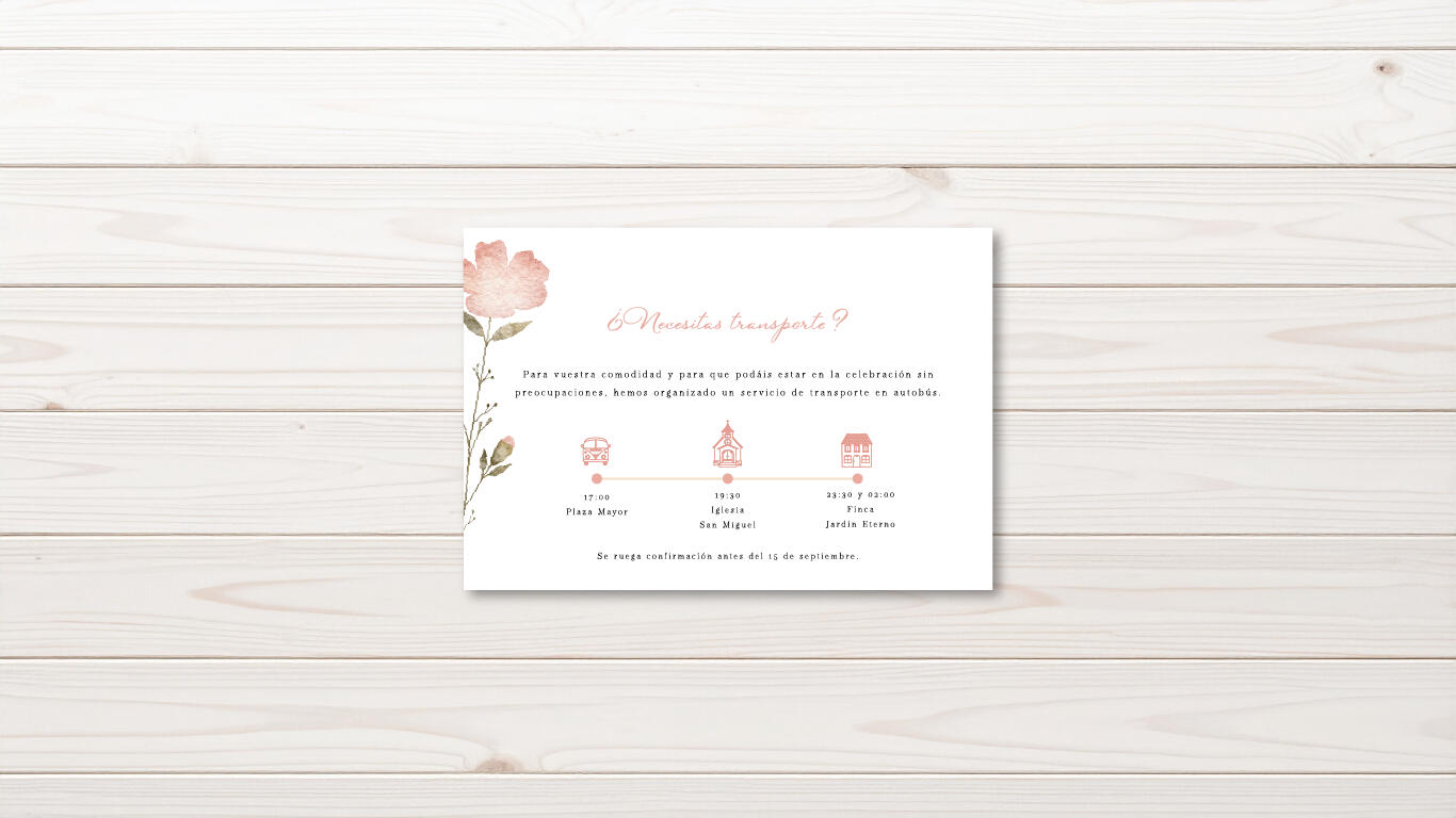 Tarjerón informativo invitación Coral Imagen del tarjetón informativo de la invitación Coral que contiene ilustraciones en tonos coral y verde. El fondo es de madera en color tostado.