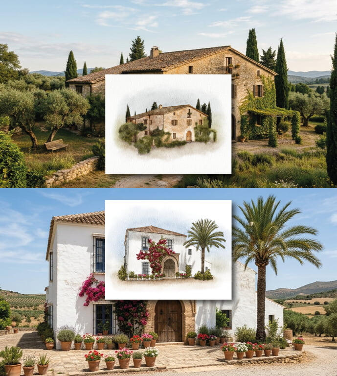 Ilustración del lugar Dos lugares y dos ilustraciones de esos lugares. Uno es una masía catalana y el otro es un cortijo andaluz.